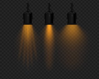 Şeffaf bir arka planda turuncu ışığı olan gerçekçi vektör lambaları asıyor. Siyah metal gövde, askıya alınmış yapı, yumuşak ışıklandırma, ışın etkisi, sahne projektörü, parlak yansıma.