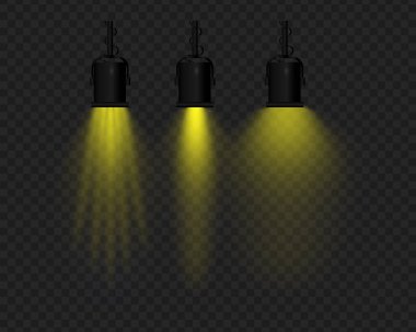 Şeffaf arkaplanda sarı ışığı olan gerçekçi vektör lambaları asıyor. Siyah metal gövde, askıya alınmış yapı, yumuşak ışıklandırma, ışın etkisi, sahne projektörü, parlak yansıma.