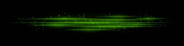 Siyah zemin üzerinde parlayan parçacıklar olan gerçekçi yeşil ışık çizgileri. Fütürist enerji ışınları, hareket bulanıklığı, neon parıltısı, bilim kurgu hız etkisi.