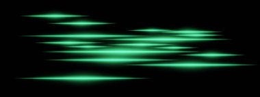 Siyah arka planda parlayan yeşil ışık çizgileri. Yatay neon ışınları, gelecekteki teknolojiyi ve dijital enerjiyi sembolize eden yüksek hızlı bir hareket etkisi yaratır. Bilim kurgu, siber, soyut tasarım.