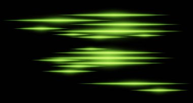 Siyah arka planda parlayan yeşil ışık çizgileri. Yatay neon ışınları, gelecekteki enerji ve dijital ivmeyi temsil eden yüksek hızlı bir hareket etkisi yaratır. Bilim kurgu, siber, soyut tasarım.