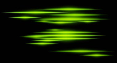 Siyah arka planda parlayan yeşil ışık çizgileri. Yatay neon ışınları, gelecekteki enerji ve dijital ivmeyi temsil eden yüksek hızlı bir hareket etkisi yaratır. Bilim kurgu, siber, soyut tasarım.