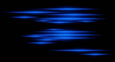 Siyah arka planda parlayan mavi ışık çizgileri. Yatay neon ışınları, gelecekteki enerji ve dijital ivmeyi temsil eden yüksek hızlı bir hareket etkisi yaratır. Bilim kurgu, siber, soyut tasarım.