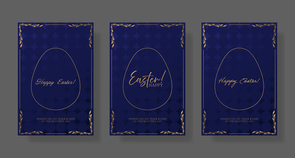 Easter set card. Elegant dark blue background with gold egg outline, floral decorative corners, and calligraphic Happy Easter text. Luxurious holiday greeting with modern and festive design