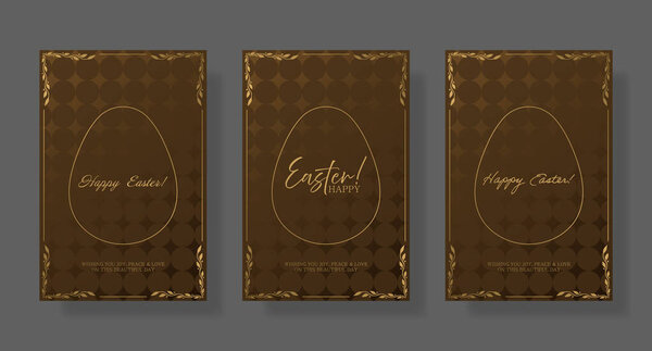Easter set card. Light brown background with gold egg outline, decorative floral corners, and sophisticated Happy Easter text. Warm and elegant holiday greeting with a soft, festive texture