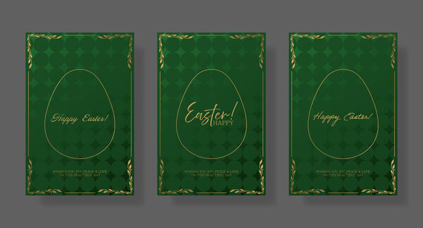 Easter set card. Green background with gold egg outline, intricate floral corners, and refined Happy Easter text. Elegant and warm holiday greeting with a subtle textured pattern festive typography