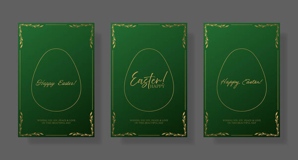 Easter set card. Minimalist green background with gold egg outline, delicate floral corners, and elegant Happy Easter typography. Clean and sophisticated holiday greeting with festive lettering