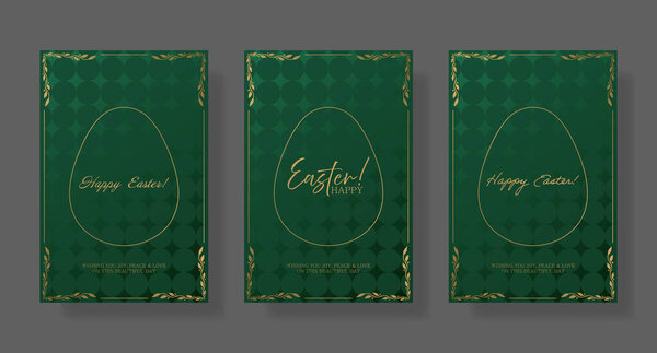 Easter set card. Green background with gold egg outline, intricate floral corners, and refined Happy Easter text. Elegant and warm holiday greeting with a subtle textured pattern festive typography