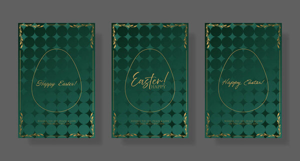 Easter set card. Green background with gold egg outline, intricate floral corners, and refined Happy Easter text. Elegant and warm holiday greeting with a subtle textured pattern festive typography