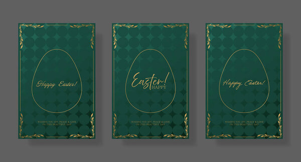 Easter set card. Green background with gold egg outline, intricate floral corners, and refined Happy Easter text. Elegant and warm holiday greeting with a subtle textured pattern festive typography
