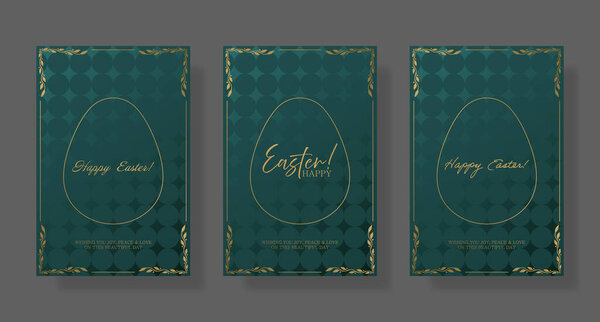 Easter set card. Green background with gold egg outline, intricate floral corners, and refined Happy Easter text. Elegant and warm holiday greeting with a subtle textured pattern festive typography