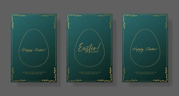 Easter set card. Minimalist green background with gold egg outline, delicate floral corners, and elegant Happy Easter typography. Clean and sophisticated holiday greeting with festive lettering