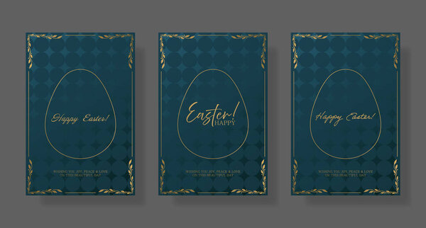 Easter set card. Teal background with gold egg outline, delicate floral corners, and refined Happy Easter typography. Classic and elegant holiday greeting with a decorative textured pattern.