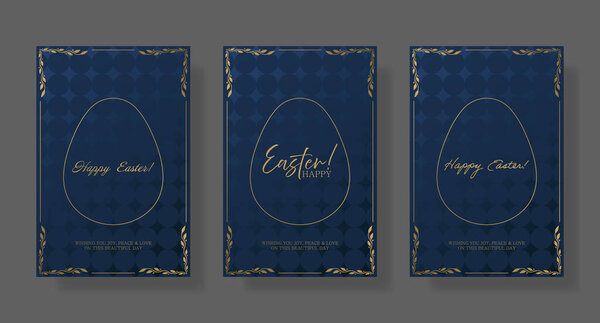 Easter set card. Deep blue background with gold egg outline, classic floral corners, and sophisticated Happy Easter text. Luxurious holiday greeting with a stylish pattern and modern touch
