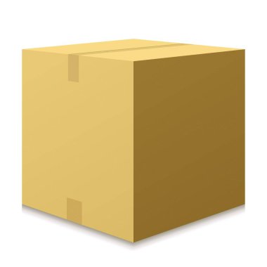 Karton kutu. Beyaz arka planda bantlanmış kenarları olan mühürlü kahverengi bir paket. Nakliye, teslimat, lojistik, ambalaj ve depolama kavramı