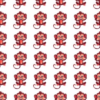 Maymun şablonu. Beyaz arka planda çizgi film stili neşeli maymunların yer aldığı kusursuz bir tekrarlayan tasarım. Eğlence, orman temalı, çocuk tasarımı ve dekoratif baskı kavramı.