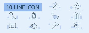 Kamp ikonu. Pusula, çadır, tekne, çekiç, yangın, balta, karavan, rota, yol, sırt çantası, yaprak, seyrüsefer, yön, macera, hayatta kalma, kamp ateşi, turizm, kürek