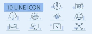 İnternet set simgesi. Bulut, bilgi, ağ, indirme, yükleme, şema, dünya, kilit, veri, pencere, bağlantı, güvenlik, istatistik, ağ, erişim, sistem, çevrimiçi, sayfa, tasarım, dijital