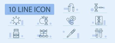 Genetik set simgesi. DNA, test tüpü, elma, sağlık, molekül, aşı, rapor, şişe, virüs, yapı, hiyerarşi, biyoloji, enjeksiyon, kromozom, genetik, araştırma, laboratuvar, deney, telefon