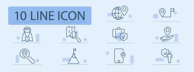 Navigasyon simgesi ayarlandı. Harita, iğne, büyüteç, bayrak, bavul, kalkan, telefon, insan, el, hedef. Konum, arama, seyahat, koruma, cep telefonu, harita, nokta, izleme, kullanıcı