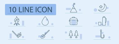 Kamp ikonu. Yangın, su, dağ, ay ışığı, termos, kap, kürek, orman, kanca, gece, açık hava, hayatta kalma, ekipman