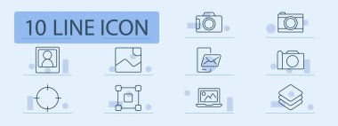 Fotoğraf araçları simge ayarlandı. Kamera, resim, düzenleme, portre, akıllı telefon, çerçeve, mahsul, tasarım, katmanlar, dizüstü bilgisayar, galeri, odaklanma, yakalama