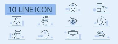 Para birimi simgesi. Euro, bitcoin, ethereum, pile, wallet, contact card, dollar, coin, economy, finanse, Piggy Bank