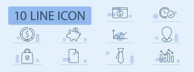 Ekonomi seti simgesi. Yatırım, domuz kumbarası, piyasa, konum, saat, koruma, rapor, kravat, grafik, web finans, tablo, tasarruf, zaman, güvenlik, kâr, iş, belge, planlama.