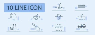 Dermatoloji seti simgesi. Baş, folikül, deri, katman, ışıltı, gözenek, temizlik, hidrasyon, soğurma, tedavi, bakım, fırça, nem, kafa derisi, gençleştirme, düzleştirme, terleme, cilt temizleme,.