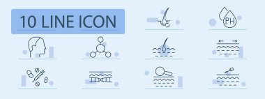 Cilt seti simgesi. Baş, molekül, folikül, pH, elastikiyet, ilaç, denge, hidrasyon, büyüteç, emilim, krem, dermatoloji, kozmetik, hücre, yapı, tedavi, analiz.