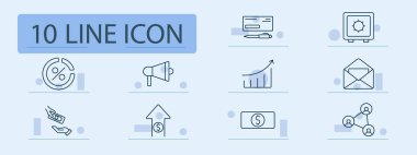 Finansal set simgesi. Yüzde, hoparlör, çek, grafik, mektup, işlem, ödeme, gelir, paylaşım, büyüme, terfi, iletişim, pazarlama, güvenli, nakit, kar, analitik, transfer.