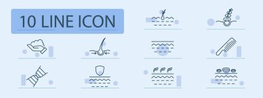 Saç bakım seti ikonu. Köpük, folikül, kıvrım, tarak, DNA, koruma, tedavi, hacim, yapı, el, deri, kafa derisi, büyüme, yenilenme, kozmetik, serum, esneklik,