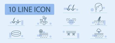Dermatoloji seti simgesi. Folikül, molekül, profil, kıvrım, sabun, yapı, kuraklık, koruma, hava, gözenek, kafa derisi, yenilenme, temizlik, yumuşaklık, soğurma, esneklik