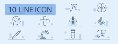 Tıbbi set simgesi. Ruh sağlığı, termometre, akciğerler, engelli, teşhis, sıcaklık, koruma, beyin, test, laboratuvar, bağışıklık, sağlık, destek, analiz, doktor, iyileşme