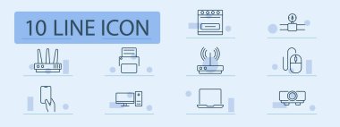 Teknoloji simgesi belirledi. Yönlendirici, yazıcı, fırın, ağ, bilgisayar, sinyal, mobil, fare, laptop, projektör, akıllı aygıtlar, ofis, bağlantı, teknoloji, çalışma alanı, modern, kablosuz