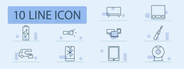 Elektronik set simgesi. Pil, el feneri, monitör, ölçek, diş fırçası, dağıtım, bluetooth, tablet, webcam, şarj etme, akıllı cihazlar, bağlantı, denge, hijyen, arayüz