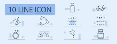 Saç bakım seti ikonu. Köpük, şampuan, folikül, balon, emilim, serum, hidrasyon, tazelik, aroma, koku, yaprak, sprey, temizlik, gözenek, kozmetik, bakım, kafa derisi, tedavi, şişe