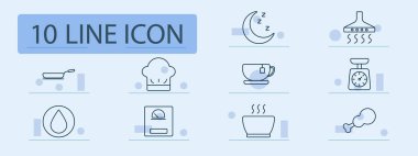 Yemek pişirme ikonu. Pan, ay, fincan, şef, ölçü, kase, damla, menü, çorba, tavuk, çay, buhar, gece, ağırlık, buhar, beslenme, diyet, mutfak, yiyecek, ölçü