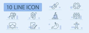 Tıbbi set simgesi. Emzik, beyin, doktor, düşürücü, IV, mikroskop, laboratuvar, test tüpü, mide, anatomi, reçete, gözlük, kontrol listesi, sağIık, teşhis, araştırma, klinik