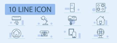 Akıllı ev seti simgesi. Klima, lamba, mikser, soket, buzdolabı, soba, telefon, tablet, fan, akıllı ev, ışık, soğutma, alet, havalandırma, konfor, kontrol, elektrik.