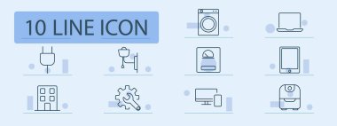 Ev aletleri seti simgesi. Fiş, lavabo, çamaşır makinesi, tablet, laptop, nemlendirici, su, musluk, dişli, ekran, bağlantı, cihaz, teknoloji, kontrol, onarım, bina, elektrik