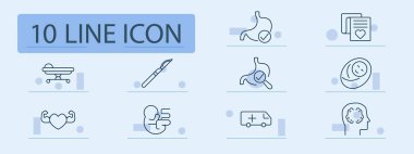 Hastane seti ikonu. Sedye, neşter, mide, dosya, bebek, güçlü kalp, fetüs, ambulans, baş, beyin, acil durum, ameliyat, teşhis, annelik, bebek, bakım, tedavi, tıbbi