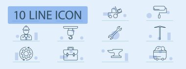 Endüstriyel set simgesi. Mühendis, kanca, dağıtım, silindir, maden arabası, evrak çantası, anahtar, örs, kask, dişli, kargo, kaldırma, ekipman, inşaat, site, onarım, işçi, metal, alet çantası