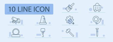 Yapılandırma simgesi. Kamyon, koni, fırça, dişli, bant, kanca, halka, çekiç, tramvay, yol, onarım, ekipman, boya, güvenlik, malzeme, arz, ölçü, araç, inşaat