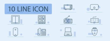 Elektronik set simgesi. Mikrodalga, tost makinesi, radyo, anahtar, soba, klavye, kazan, telefon, dizüstü bilgisayar, epilatör, kontrol, arayüz, aygıt, görüntü, dijital, güç, düğme, tuş takımı