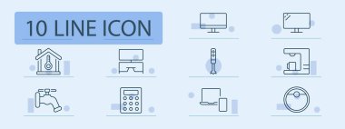 Ev teknolojisi seti simgesi. Termometre, ekran, blender, kahve makinesi, tap, hesap makinesi, laptop, mobil, robot vakum, sıcaklık, ısıtma, otomasyon, kontrol, içecek, mutfak, temizlik.