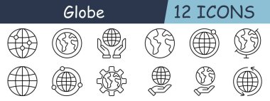 Küre kümesi simgesi. Dünya, enlem, boylam, konum, ağ, dişli, el, ok, kıtalar, navigasyon, koruma, rotasyon, seyahat, gezegen, küresel iletişim, coğrafya