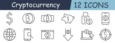 Kripto para birimi simgesi. Dolar, bitcoin, mobil bankacılık, domuz kumbarası, cüzdan, dünya, arama, indirme, dizüstü bilgisayar, hedef, ağ, güvenlik, sembol