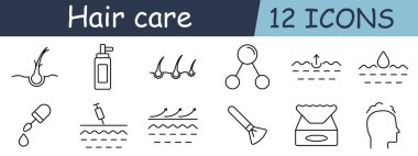 Saç bakım seti ikonu. Folikül, damlatıcı, serum, hidrasyon, oklar, temiz, köpük, fırça, bez, kafa derisi, parlaklık, profil