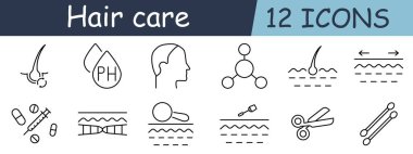 Saç bakım seti ikonu. Folikül, ph, profil, molekül, kök, elastikiyet, hap, DNA, büyüteç, damla, makas, çubuk